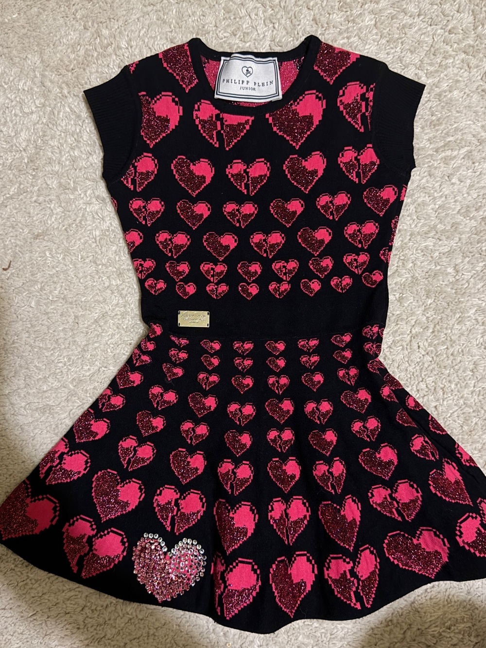 Philipp Plein Black & Hot Pink Heart Knit Skater Dress